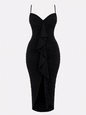 Fashion Nova Ruched High-Low Midi Dress – Black – Size Large